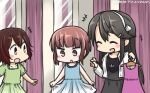  3girls alternate_costume black_hair blush casual commentary dated dress fitting_room gradient_hair hair_ornament hairclip hamu_koutarou haruna_(kantai_collection) highres kantai_collection mirror multicolored_hair multiple_girls mutsuki_(kantai_collection) open_mouth red_hair short_hair short_sleeves sleeveless sleeveless_dress z3_max_schultz_(kantai_collection) 