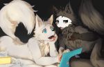  anthro asriel.s biped black_fur blue_eyes blush candy canine changed_(video_game) duo eating fluffy food fur goo_creature lin_(changed) lying male mammal mask monster nude open_mouth puro_(changed) rubber tablet tissue tongue tongue_out white_fur wolf 