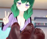  3d feet green_hair looking_at no_shoes opened_zipper pantyhose shiny_pantyhose smell toes view 