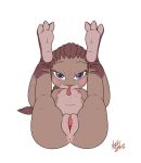  2018 amphibian anthro anus blush breasts brown_hair butt feet female frog hair legs_up long_hair lying navel nekostar nipples nude on_back presenting purple_eyes pussy simple_background soles tamara_(scootshako) tongue white_background young 