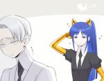  androgynous animal_ears blue_eyes blue_hair cairngorm_(houseki_no_kuni) cat_day cat_ears colored_eyelashes frown gem_uniform_(houseki_no_kuni) golden_arms houseki_no_kuni long_hair multiple_others nao_(necomugi) necktie phosphophyllite phosphophyllite_(ll) ponytail short_hair smile sparkle spoilers thick_eyebrows white_eyes white_hair 