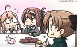  :d ahoge akigumo_(kantai_collection) asagumo_(kantai_collection) blue_neckwear brown_eyes brown_hair bunny commentary dated flying_sweatdrops food food_on_face glasses hamu_koutarou highres holding holding_food kantai_collection long_hair long_sleeves makigumo_(kantai_collection) multiple_girls necktie open_mouth pink_hair ponytail shirt sleeves_past_wrists smile sweet_potato thumbs_up white_shirt wiping_mouth 