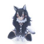  animal_ears between_legs black_hair blue_eyes coat eyebrows_visible_through_hair full_body fur_collar gloves grey_hair grey_wolf_(kemono_friends) hand_between_legs heterochromia highres kemono_friends long_hair long_sleeves mirinsoup multicolored_hair necktie plaid plaid_neckwear plaid_skirt pleated_skirt skirt solo squatting tail thighhighs wolf_ears wolf_tail yellow_eyes 