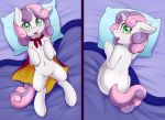  2018 digital_media_(artwork) equine fearingfun female friendship_is_magic green_eyes hair horn long_hair looking_at_viewer lying mammal my_little_pony on_back open_mouth pillow sweetie_belle_(mlp) unicorn young 