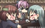  3girls =_= alcohol aqua_hair bartender blush bottle brown_hair chiyoda_(kantai_collection) choko_(cup) closed_eyes cocktail_glass commentary cup dated drinking drinking_glass drunk hair_ornament hairclip hamu_koutarou headband headgear highres kantai_collection long_hair meme multiple_girls open_mouth pink_hair pouring sake sake_bottle salt_bae_(meme) shaker shiranui_(kantai_collection) short_hair sparkle sunglasses suzuya_(kantai_collection) 