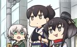  black_hair brown_hair collar commentary_request dated dog_collar drooling green_jacket hamu_koutarou highres jacket kaga_(kantai_collection) kantai_collection long_hair messy_hair multiple_girls muneate open_mouth school_uniform serafuku shaded_face shimushu_(kantai_collection) short_hair short_hair_with_long_locks side_ponytail sidelocks tasuki tokitsukaze_(kantai_collection) translation_request trembling 