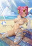  absurdres armlet arms_at_sides ass_visible_through_thighs bandaged_arm bandages barefoot beach beach_towel beach_umbrella bikini bird blue_eyes blurry blurry_background bracelet breasts carla_(gfgfh80418) cloud cloudy_sky double_bun elbow_gloves fate/grand_order fate_(series) frankenstein's_monster_(fate) frankenstein's_monster_(swimsuit_saber)_(fate) full_body gloves hair_over_one_eye headgear heterochromia highres horn jewelry kneeling leaning_back leg_wrap looking_at_viewer micro_panties navel nipples no_bra ocean panties pink_hair sand shiny shiny_skin side-tie_panties sky solo spread_legs sunlight swimsuit towel umbrella underwear water white_gloves white_panties 