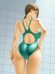  aqua_swimsuit ass backboob bare_shoulders breasts brown_hair cameltoe commentary_request competition_swimsuit cowboy_shot dutch_angle from_behind hair_over_one_eye hand_on_hip kawanuma_uotsuri large_breasts long_hair looking_at_viewer looking_back one-piece_swimsuit orange_eyes original parted_lips ponytail shiny shiny_hair shoulder_blades solo standing swimsuit thighs 