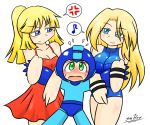  1boy 2girls android anger_vein angry arm_holding artist_name bangs bare_arms blonde_hair blue_eyes blue_gloves blush breasts cleavage closed_mouth crossover embarrassed eyebrows_visible_through_hair gloves green_eyes helmet holding_another&#039;s_arm large_breasts long_hair metroid multiple_girls musical_note older rockman rockman_(character) rockman_(classic) roll samus_aran signature smile speech_bubble spoken_anger_vein sulfer white_background 