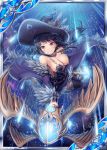  akkijin armpits bare_shoulders black_hair boots bra breasts card_(medium) cleavage collarbone feathers flying hat hat_feather jewelry looking_at_viewer medium_breasts necklace night night_sky official_art orange_eyes shinkai_no_valkyrie sky staff star_(sky) starry_sky supersonic thighhighs underwear weapon wings witch witch_hat 