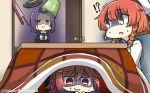  3girls :3 black_jacket braid commentary dated etorofu_(kantai_collection) hamu_koutarou hat highres jacket kantai_collection kotatsu long_hair long_sleeves mechanical_halo multiple_girls open_mouth pink_hair purple_eyes purple_hair red_eyes red_hair sailor_hat shaded_face short_hair table tatsuta_(kantai_collection) twin_braids under_kotatsu under_table uzuki_(kantai_collection) white_hat 