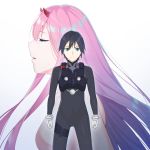  1girl bangs black_bodysuit black_hair blue_horns bodysuit breasts closed_eyes clothed_male_nude_female commentary darling_in_the_franxx english_commentary gloves highres hiro_(darling_in_the_franxx) horns large_breasts long_hair looking_at_viewer nude oni_horns pilot_suit pink_hair raitho104 red_horns white_gloves zero_two_(darling_in_the_franxx) 