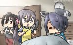  akebono_(kantai_collection) alternate_costume apron bed bed_sheet bedroom bell brushing_teeth closed_eyes commentary_request cowboy_shot eyepatch flower hair_bell hair_between_eyes hair_flower hair_ornament hair_over_one_eye hamu_koutarou highres indoors jingle_bell kantai_collection long_hair looking_at_another multiple_girls nagato_(kantai_collection) open_door open_mouth purple_eyes purple_hair red_eyes school_uniform serious short_hair side_ponytail sportswear tenryuu_(kantai_collection) towel towel_around_neck under_covers very_long_hair waking_up wavy_mouth wooden_wall 