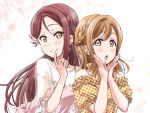  :o alternate_hairstyle braid brown_eyes brown_hair checkered cherry_blossoms finger_to_mouth flower frilled_sleeves frills hair_flower hair_ornament hairpin half_updo halterneck hands_on_own_cheeks hands_on_own_face kunikida_hanamaru looking_at_viewer love_live! love_live!_sunshine!! multiple_girls petals red_hair rippe sakurauchi_riko see-through_sleeves smile upper_body 
