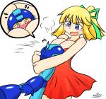  1boy 1girl @_@ artist_name bangs bare_arms blonde_hair blue_eyes blush breasts eyebrows_visibel_through_hair head_on_chest helmet large_breasts long_hair older ponytail red_dress rockman rockman_(character) rockman_(classic) roll sulfer white_background 
