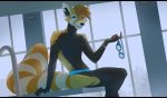  anthro black_bars clothing detailed_background digital_media_(artwork) diving_board eyewear goggles inside looking_at_viewer male mammal melloque red_panda sitting smile solo speedo swimsuit 
