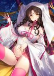  bison_cangshu breasts brown_hair cleavage commentary_request facial_mark fate/grand_order fate_(series) forehead_mark horns large_breasts mouth_hold panties pink_legwear pink_panties ribbon sesshouin_kiara solo thighhighs underboob_cutout underwear veil yellow_eyes 