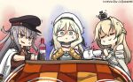  alcohol anger_vein baguette beret black_gloves black_tea blonde_hair braid bread commentary crown cup dated dress food french_braid gangut_(kantai_collection) gloves grey_hair hair_between_eyes hamu_koutarou hat highres jacket kantai_collection kotatsu long_hair long_sleeves mini_crown multicolored multicolored_clothes multicolored_gloves multiple_girls off-shoulder_dress off_shoulder orange_eyes peaked_cap red_shirt remodel_(kantai_collection) richelieu_(kantai_collection) shaded_face shirt strapless strapless_dress table tea teacup vodka warspite_(kantai_collection) white_dress white_jacket yellow_eyes 