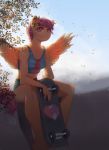  2018 5_fingers absurd_res anthro barefoot breasts clothed clothing cutie_mark dagmell equine eyebrows eyelashes feathered_wings feathers female friendship_is_magic hair hi_res leaves mammal my_little_pony orange_feathers outside pegasus portrait purple_eyes purple_hair scootaloo_(mlp) shadow shirt short_hair shorts sitting skateboard sky solo tank_top teeth wind wings 