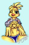  2018 4_fingers anthro avian bird blonde_hair blue_background blue_eyes breasts chicken clothing ettie feathers female fifa hair one_eye_closed panties pink_areola shirt simple_background solo spamjamz underwear wink yellow_feathers 