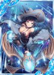  akkijin armpits bare_shoulders black_hair blue_eyes boots bra breasts card_(medium) cleavage collarbone feathers flying hat hat_feather jewelry looking_at_viewer medium_breasts necklace night night_sky official_art shinkai_no_valkyrie sky staff star_(sky) starry_sky supersonic thighhighs underwear weapon wings witch witch_hat 