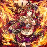  :&lt; arm_up armor bangs belt belt_buckle bikini_armor black_legwear blurry blurry_background breasts brown_belt buckle closed_mouth commentary_request company_name cowboy_shot dragon_girl dragon_horns dragon_wings elbow_gloves eyebrows_visible_through_hair fire floating_hair forehead_jewel gem gloves greatsword green_eyes groin hair_between_eyes head_chain holding holding_weapon horns jewelry kaizoku_ookoku_koronbusu lace lace-trimmed_skirt large_breasts legs_together long_hair looking_at_viewer madogawa miniskirt navel necklace official_art outstretched_arm pleated_skirt pointy_ears purple_gloves purple_skirt pyrokinesis red_hair scale_armor sidelocks single_glove skirt solo standing stomach thighhighs vambraces very_long_hair weapon wind wings 