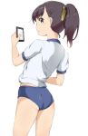  ass black_eyes black_hair buruma cellphone from_behind gym_uniform long_hair looking_back original phone ponytail ribbon shirt smartphone solo tamakorogashi white_shirt 