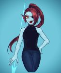  blue_skin clothing colored_nails eye_patch eyewear female fish grin hair hand_on_hip jeans long_hair looking_at_viewer marine melee_weapon pants polearm ponytail red_hair scar sharp_teeth smile solo spear teeth undertale undyne video_games weapon whan yellow_eyes 