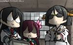  black_hair briefcase commentary crescent crescent_moon_pin cuffs dated detached_sleeves glasses green-framed_eyewear hair_ornament hairband hamu_koutarou handcuffs headgear highres kantai_collection kirishima_(kantai_collection) kisaragi_(kantai_collection) long_hair multiple_girls necktie nontraditional_miko ooyodo_(kantai_collection) open_mouth purple_hair remodel_(kantai_collection) ribbon-trimmed_sleeves ribbon_trim school_uniform semi-rimless_eyewear serafuku shaded_face short_hair sunglasses 