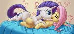  &lt;3 2018 bed blue_eyes chest_tuft chromaskunk cutie_mark dock duo equine eyelashes eyes_closed eyeshadow female female/female feral fluttershy_(mlp) french_kissing friendship_is_magic hair hi_res horn kissing lying makeup mammal my_little_pony on_back on_bed pink_hair purple_hair rarity_(mlp) simple_background tuft unicorn yoditax 