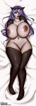  1girl areolae bed black_thighhighs breasts camilla_(fire_emblem_if) collarbone curvy elbow_gloves fire_emblem fire_emblem_if gloves huge_breasts inknox intelligent_systems lips looking_at_viewer lying navel nintendo nipples nude on_back parted_lips pink_eyes purple_hair solo stockings thick_thighs thighhighs thighs tiara wide_hips 