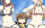  3girls bikini blonde_hair blue_sky blush breast_envy breasts brown_eyes brown_hair commentary dated day empty_eyes folded_ponytail hamu_koutarou head_out_of_frame highres inazuma_(kantai_collection) iowa_(kantai_collection) kantai_collection large_breasts long_hair multiple_girls navel one-piece_swimsuit plasma-chan_(kantai_collection) saratoga_(kantai_collection) shaded_face sky swimsuit torpedo 