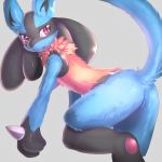  2018 ambiguous_gender anthro black_fur blue_fur butt canine cute_fangs fur hopping4 looking_back lucario mammal neck_tuft nintendo open_mouth pok&eacute;mon pok&eacute;mon_(species) raised_tail red_eyes simple_background solo tan_fur tuft video_games 