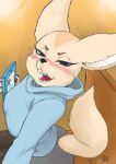  2018 4_fingers aggressive_retsuko anthro black_nose blush canine cellphone clothed clothing diasfox drunk eyebrows eyelashes female fennec fenneko fox fully_clothed fur half-closed_eyes looking_at_viewer mammal open_mouth pants phone sanrio sharp_teeth shirt sitting solo tan_fur teeth tongue 