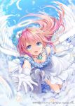  akkijin angel angel_wings blue_eyes blue_sky cloud cloudy_sky downblouse dress feathers flying gloves halo jewelry looking_at_viewer necklace official_art pink_hair shinkai_no_valkyrie sky solo white_dress white_gloves wings 