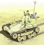  black_eyes black_hair blonde_hair blue_eyes breasts caterpillar_tracks commentary_request dark_skin day graphite_(medium) grey_hair ground_vehicle highres military military_vehicle motor_vehicle multiple_girls original sand short_hair tank traditional_media tsuchi2026 weapon white_hair yellow_eyes 