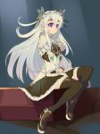  1girl black_legwear blush butterfly_hair_ornament chaika_trabant cocconeis dress eyebrows frills hair_ornament hairband highres hitsugi_no_chaika lolita_hairband long_hair looking_at_viewer open_mouth purple_eyes silver_hair solo thighhighs 