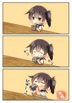  3koma absurdres artist_name blue_hakama blush brown_eyes brown_hair closed_eyes comic commentary drink drinking_straw hakama highres japanese_clothes kaga_(kantai_collection) kantai_collection side_ponytail sipping spilling taisa_(kari) translation_request tumbler yellow_background 