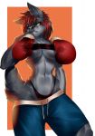  anthro athletic blue_eyes boxing boxing_gloves breast_squish breasts canine clothed clothing covering covering_breasts eyebrows eyelashes female fur grey_ears grey_fur grey_tail hair heterochromia inner_ear_fluff mammal navel panties qrichy red_hair shorts simple_background smile smirk solo sport topless underwear wide_hips wolf yellow_eyes 