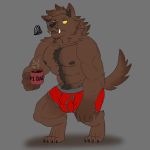  2018 4_fingers 4_toes anthro beverage body_hair brown_fur bulge canine clothing coffee cup digitigrade fur happy_trail kairyu211 male mammal muscular muscular_male navel nipples red_underwear simple_background solo toes underwear wolf yellow_eyes 
