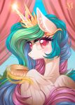  2017 blush bust_portrait crown cup curtains cute equine eyelashes feathered_wings feathers female feral friendship_is_magic fur glowing_horn hair hi_res horn inner_ear_fluff inside levitation long_hair looking_at_viewer magic makeup mammal margony mascara multicolored_hair my_little_pony nude portrait princess_celestia_(mlp) purple_eyes rainbow_hair royalty smile solo sparkles tea_cup white_feathers winged_unicorn wings 