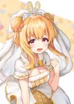  battle_girl_high_school blonde_hair blush breasts bridal_veil cleavage commentary_request double_bun dress hair_ornament highres jewelry kiyosato0928 large_breasts looking_at_viewer purple_eyes ribbon ring short_hair_with_long_locks solo veil watagi_michelle wedding_dress wedding_ring 