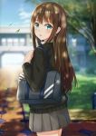  :o absurdres bag bangs black_sweater blue_sky blurry blurry_background blush brown_hair building cowboy_shot dappled_sunlight day depth_of_field earrings eyebrows_visible_through_hair falling_leaves from_behind grass green_eyes grey_skirt hand_up highres idolmaster idolmaster_cinderella_girls jewelry koi0806 leaf long_hair long_sleeves looking_at_viewer looking_back outdoors path pleated_skirt road school_bag school_uniform shibuya_rin shiny shiny_hair shoulder_bag sidelocks skirt sky solo standing straight_hair sunlight sweater tree tree_shade wind 