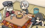  bismarck_(kantai_collection) black_hair blonde_hair blouse blue_eyes brown_gloves commentary controller cup dated food fruit glasses gloves green_tea grey_eyes hair_between_eyes hairband hamu_koutarou hanten_(clothes) hat headgear highres japanese_clothes kantai_collection kirishima_(kantai_collection) kotatsu long_hair mandarin_orange military military_uniform multiple_girls necktie nontraditional_miko nowaki_(kantai_collection) peaked_cap remote_control short_hair silver_hair smile sunglasses table tatami tea television uniform white_blouse yellow_neckwear yunomi 