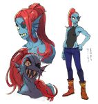  anthro blue_skin boots clothing eye_patch eyewear female fish footwear grin hair jeans long_hair marine multiple_angles pants ponytail portrait red_hair sharp_teeth simple_background smile standing teeth undertale undyne video_games white_background yellow_eyes 