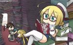 :o ahoge asymmetrical_clothes beret blonde_hair book book_stack brown_hair commentary crossed_legs cup dated from_behind glasses green_eyes hair_between_eyes hair_ribbon hamu_koutarou hat highres i-8_(kantai_collection) kantai_collection low_twintails multiple_girls pelvic_curtain red-framed_eyewear remodel_(kantai_collection) ribbon satsuki_(kantai_collection) semi-rimless_eyewear sitting sitting_on_books teacup thighhighs tone_(kantai_collection) twintails under-rim_eyewear white_legwear 