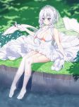  aircraft airplane azur_lane bad_id bad_pixiv_id blue_eyes blush breasts cang_se_ye_hua cleavage dress garter_straps gloves grass hair_ribbon highres illustrious_(azur_lane) long_hair outdoors ribbon sidelocks sitting smile soaking_feet solo thighhighs tiara tied_hair tress_ribbon water white_gloves white_hair white_legwear 