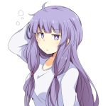  blush chata_maru_(irori_sabou) closed_mouth eyebrows_visible_through_hair lavender_eyes lavender_hair long_hair long_sleeves looking_at_viewer no_hat no_headwear patchouli_knowledge simple_background solo touhou upper_body v-neck white_background white_pupils 