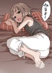  absurdres armpits ass bangs bare_arms bare_shoulders barefoot brown_hair brown_shirt highres looking_at_viewer lying on_side open_mouth pillow shirt solo striped toenails translated yamamoto_souichirou 