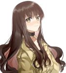 brown_eyes brown_hair choker collarbone eyebrows_visible_through_hair fate/extella_link fate/extra fate_(series) hellos highres jacket kishinami_hakuno_(female) long_hair looking_at_viewer simple_background solo upper_body very_long_hair white_background 